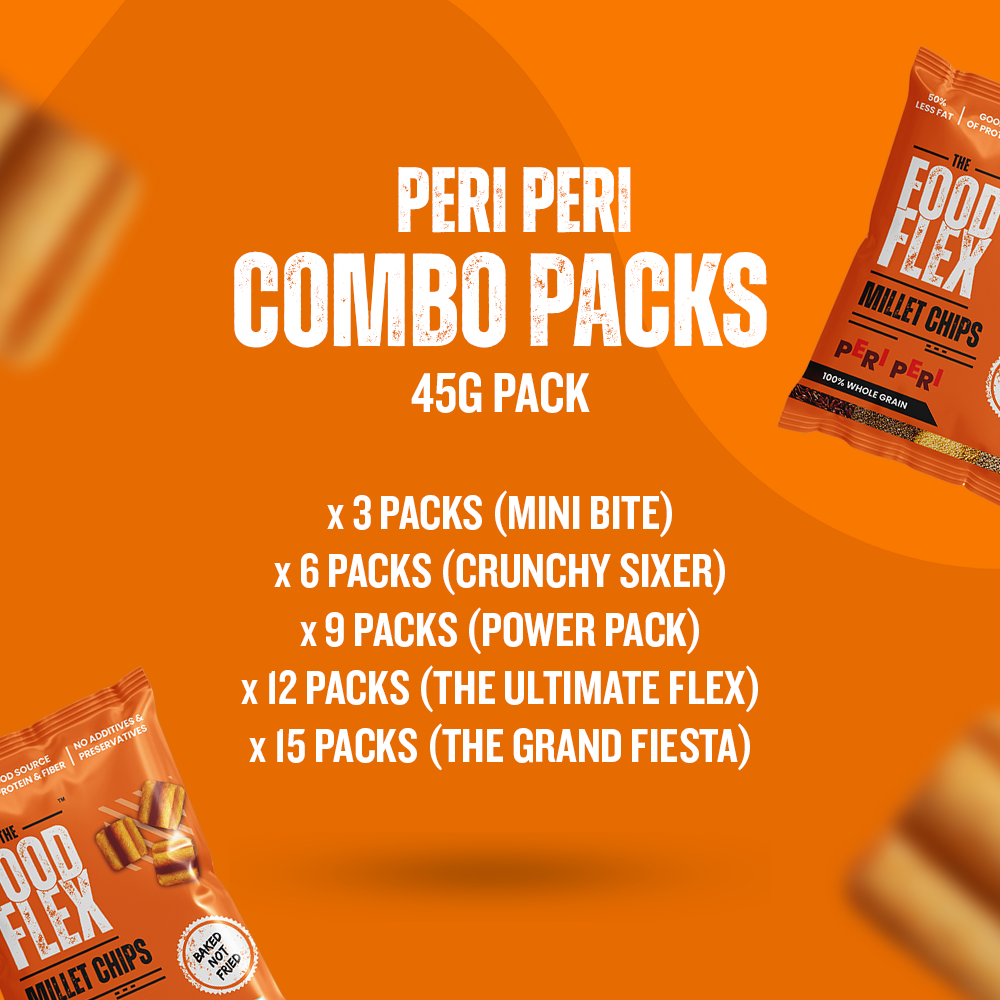Peri peri millet chips combo packs with multiple pack options on orange background by My Store