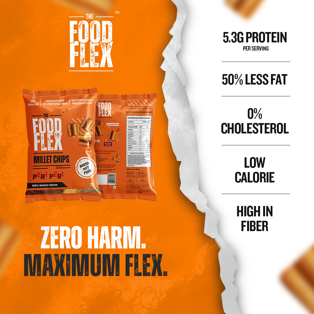 The Food Flex peri peri millet chips packaging showing nutritional benefits like 5.3g protein and high fiber