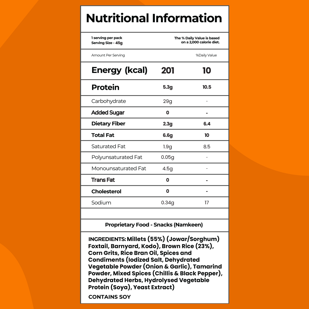 Nutritional information label of peri peri millet chips showing calories protein fat and ingredients