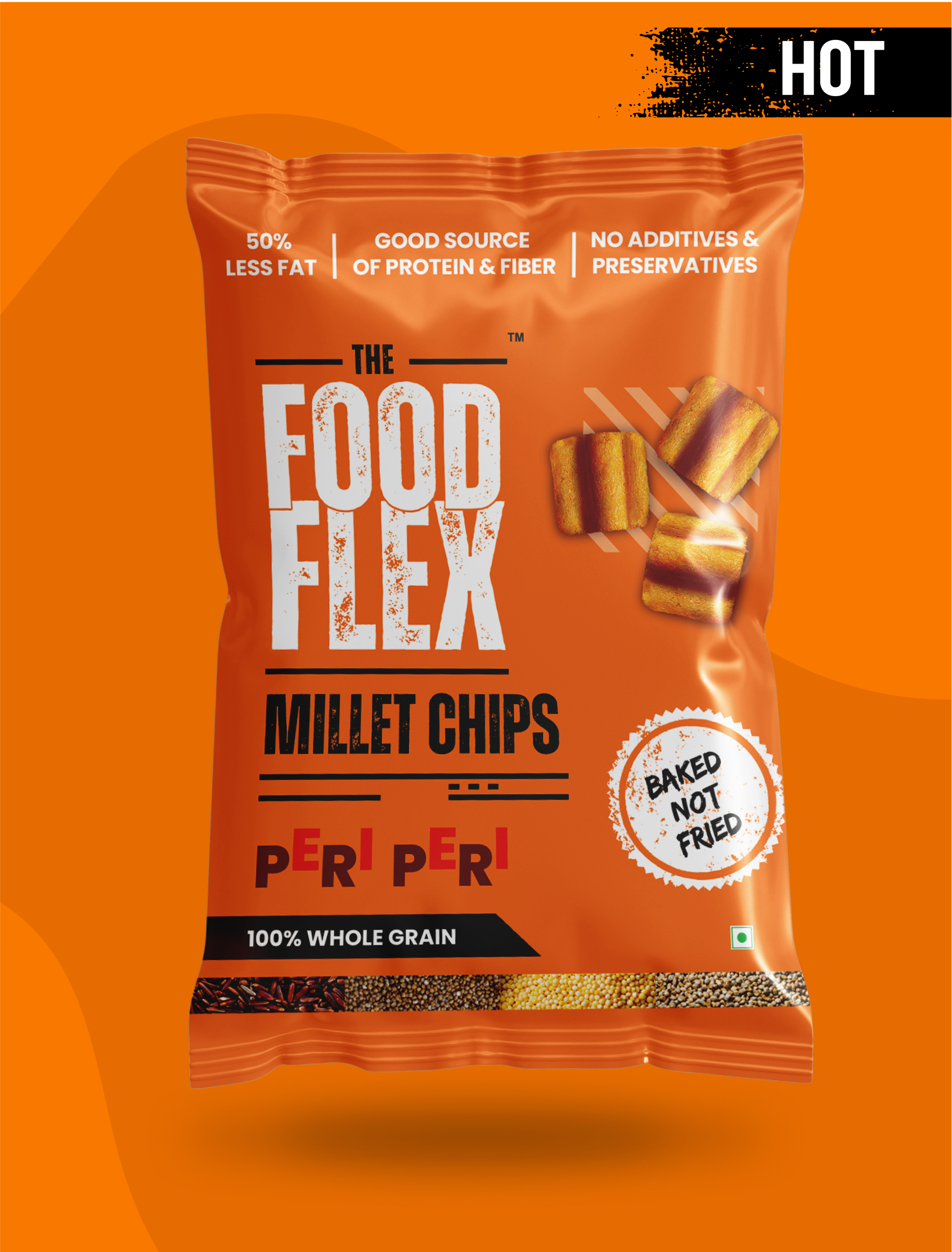 The Food Flex peri peri millet chips snack bag with baked not fried whole grain crisps
