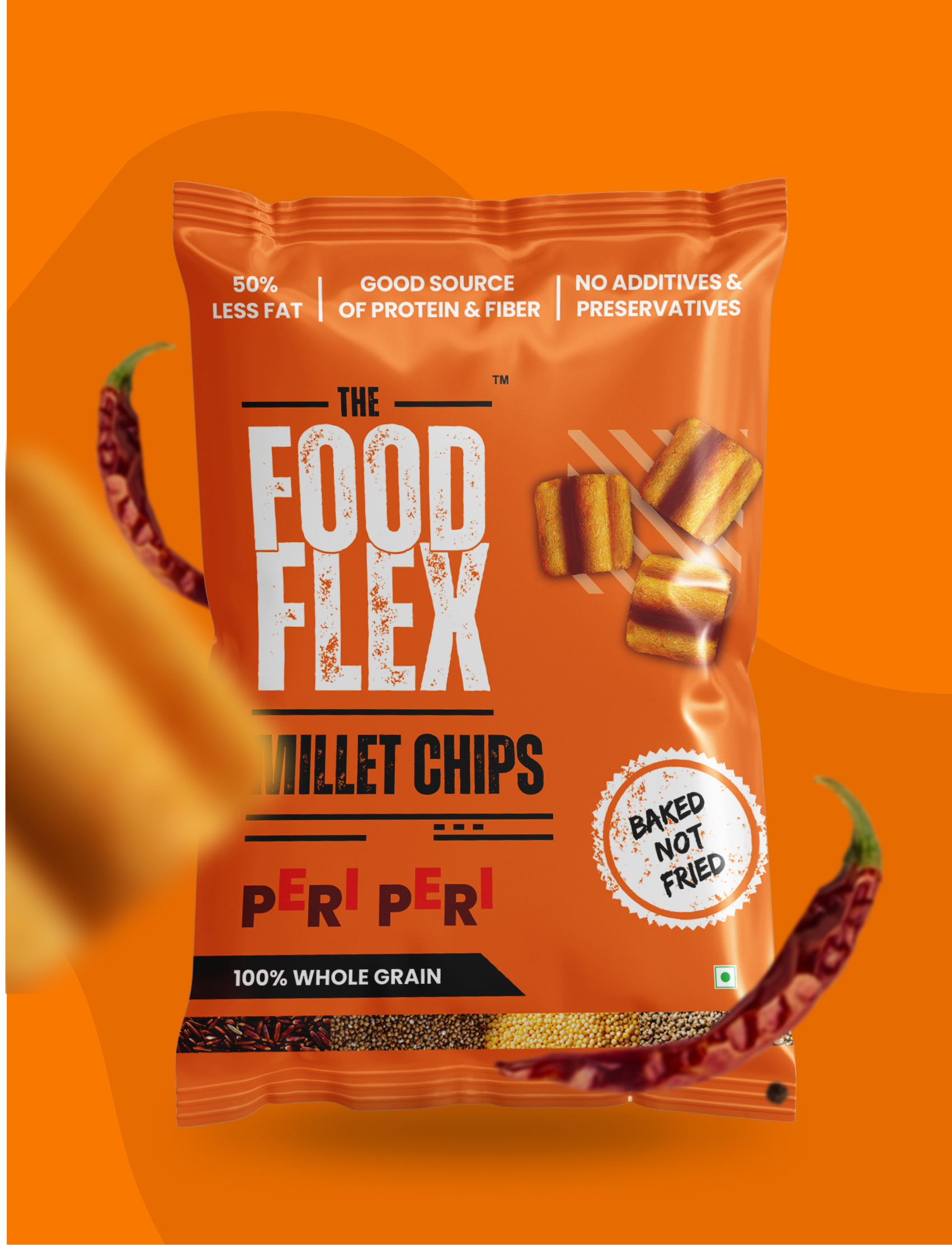 The Food Flex peri peri millet chips baked not fried with whole grain and no preservatives