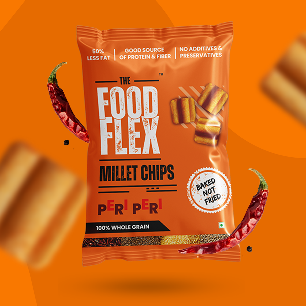 The Food Flex peri peri millet chips snack bag with baked not fried crunchy chips and chili peppers