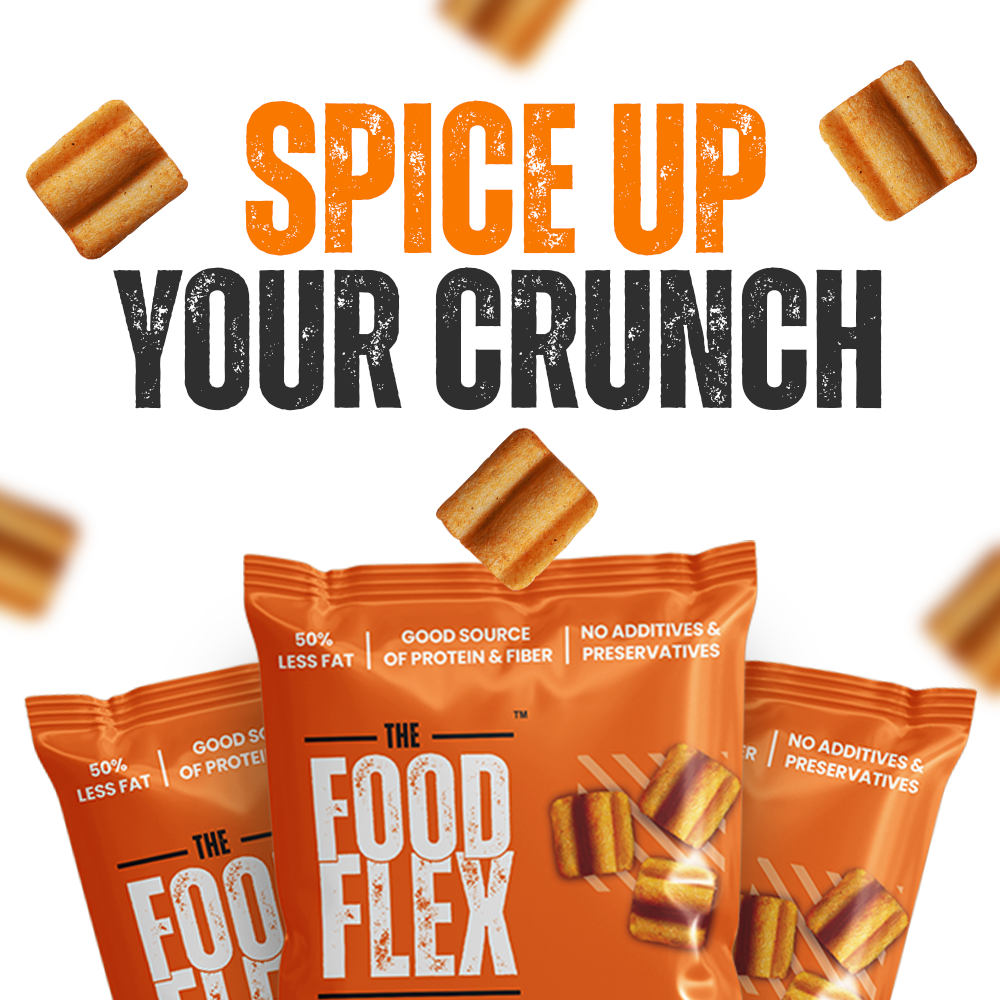 Peri peri millet chips in orange The Food Flex packaging with spice up your crunch text