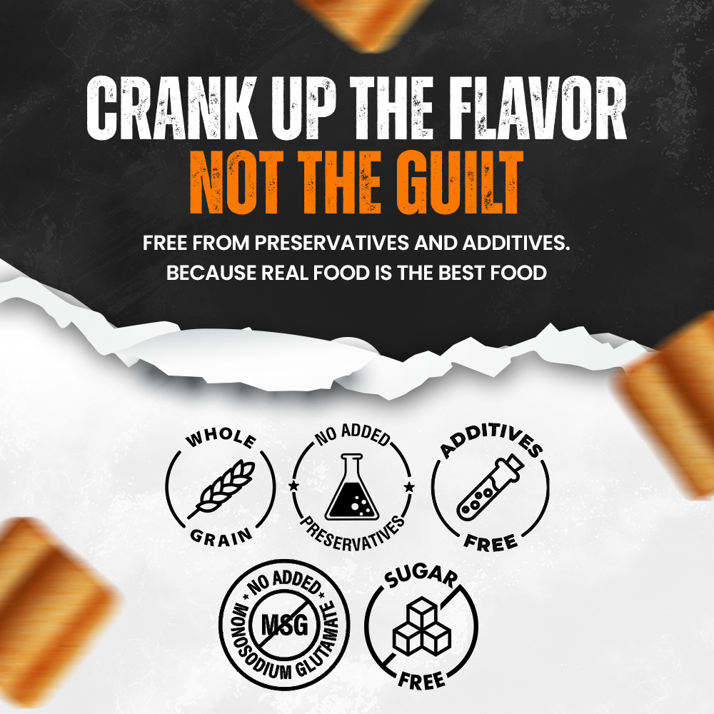 Food product label emphasizing no preservatives, additives, MSG, or added sugar with whole grain benefits