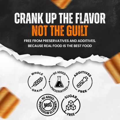 Food product label emphasizing no preservatives, additives, MSG, or added sugar with whole grain benefits