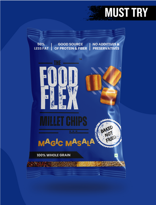 The Food Flex Magic Masala Millet Chips bag with 50 percent less fat and no additives