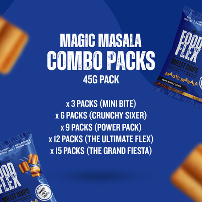 Magic Masala Millet Chips combo pack options with 45g mini bite, crunchy sixer, power pack, ultimate flex, and grand fiesta