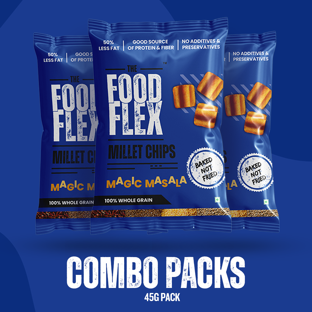 Combo packs of Magic Masala Millet Chips by The Food Flex in blue packaging baked not fried