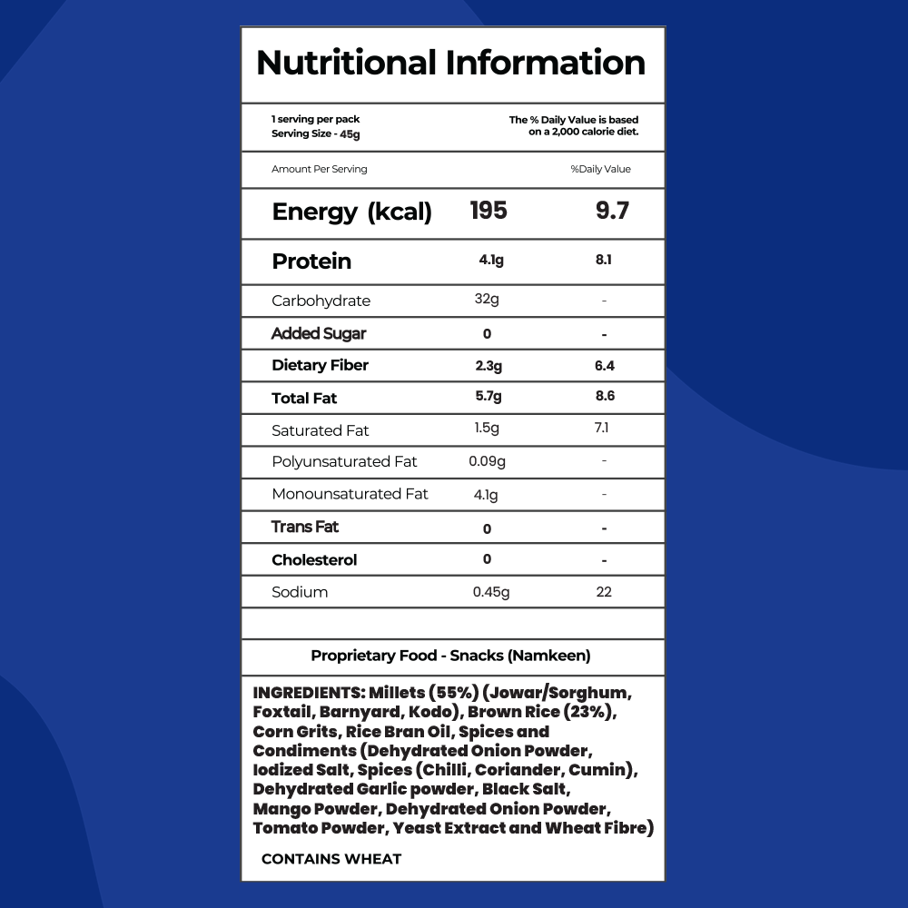 Nutritional information label and ingredients list for Magic Masala Millet Chips showing calories protein carbs fat and spices