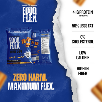 The Food Flex Magic Masala Millet Chips pack highlighting high protein and low fat benefits