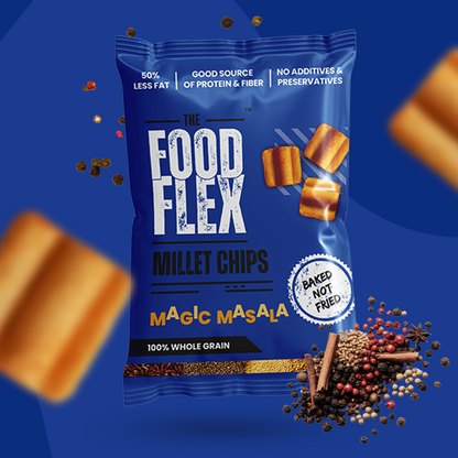 The Food Flex Magic Masala Millet Chips bag featuring baked, not fried chips with whole grain and spices