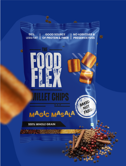 The Food Flex Magic Masala Millet Chips pack with spices on blue background baked not fried