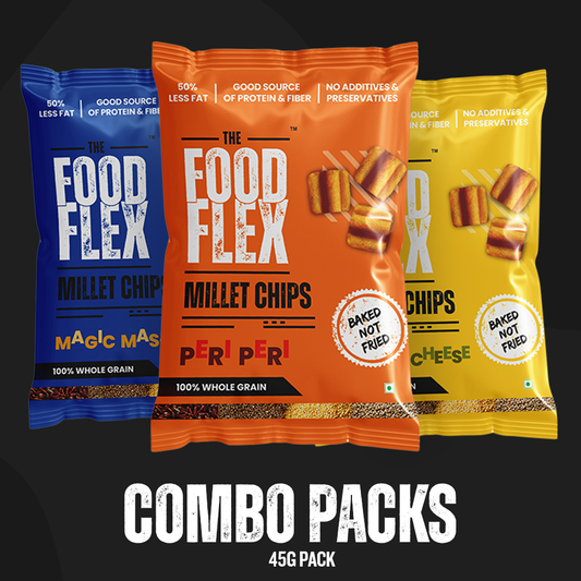 TheFoodFlex millet chips combo pack with Peri Peri, Magic Masala, and Cheese flavors in colorful 45g bags