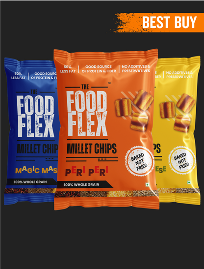TheFoodFlex Millet Chips three flavors Magic Masala Peri Peri and Cheese baked not fried 100% whole grain snacks
