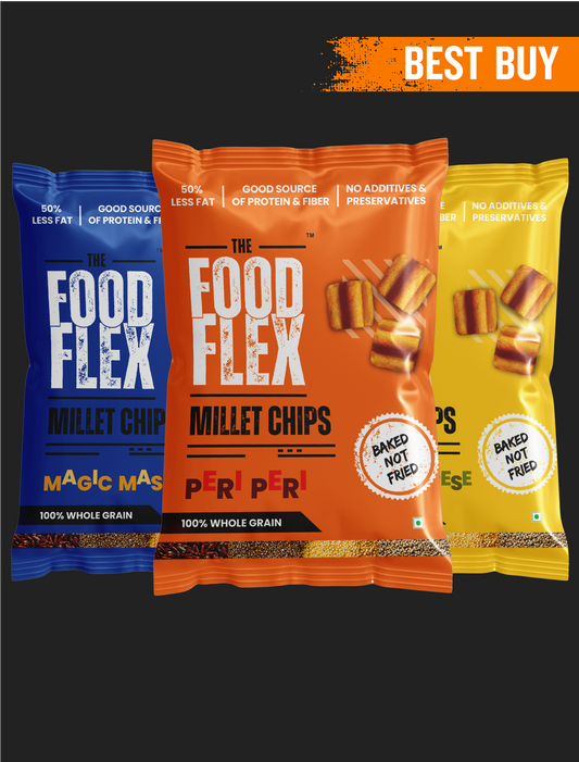 TheFoodFlex Millet Chips three flavors Magic Masala Peri Peri and Cheese baked not fried 100% whole grain snacks