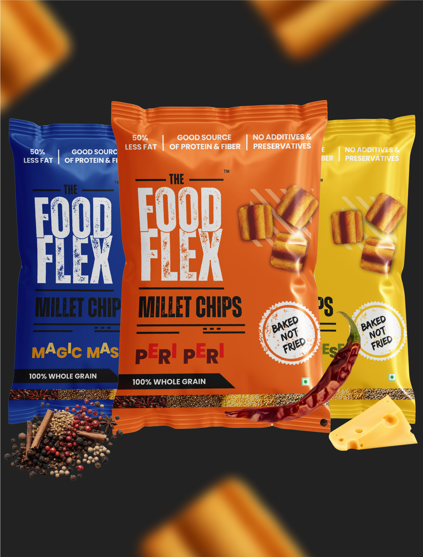 The Food Flex Millet Chips in Magic Masala, Peri Peri, and Cheese flavors with whole grain and no additives