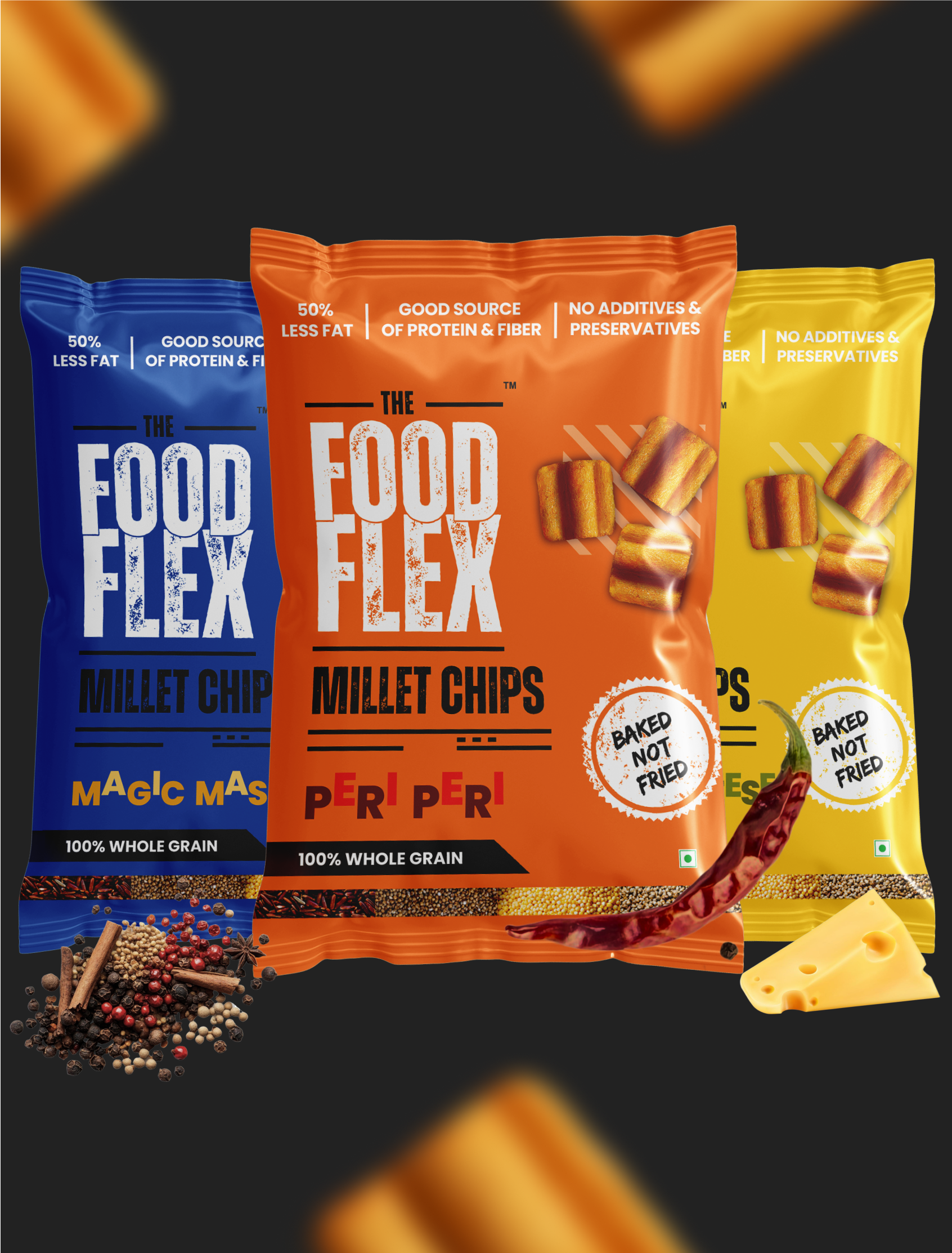 The Food Flex Millet Chips in Magic Masala, Peri Peri, and Cheese flavors with whole grain and no additives