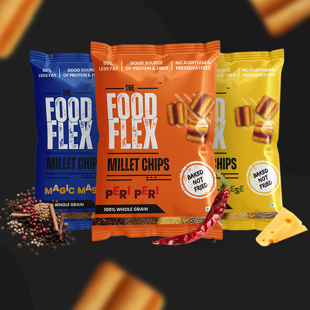 TheFoodFlex millet chips in peri peri, magic masala, and cheese flavors with baked not fried label