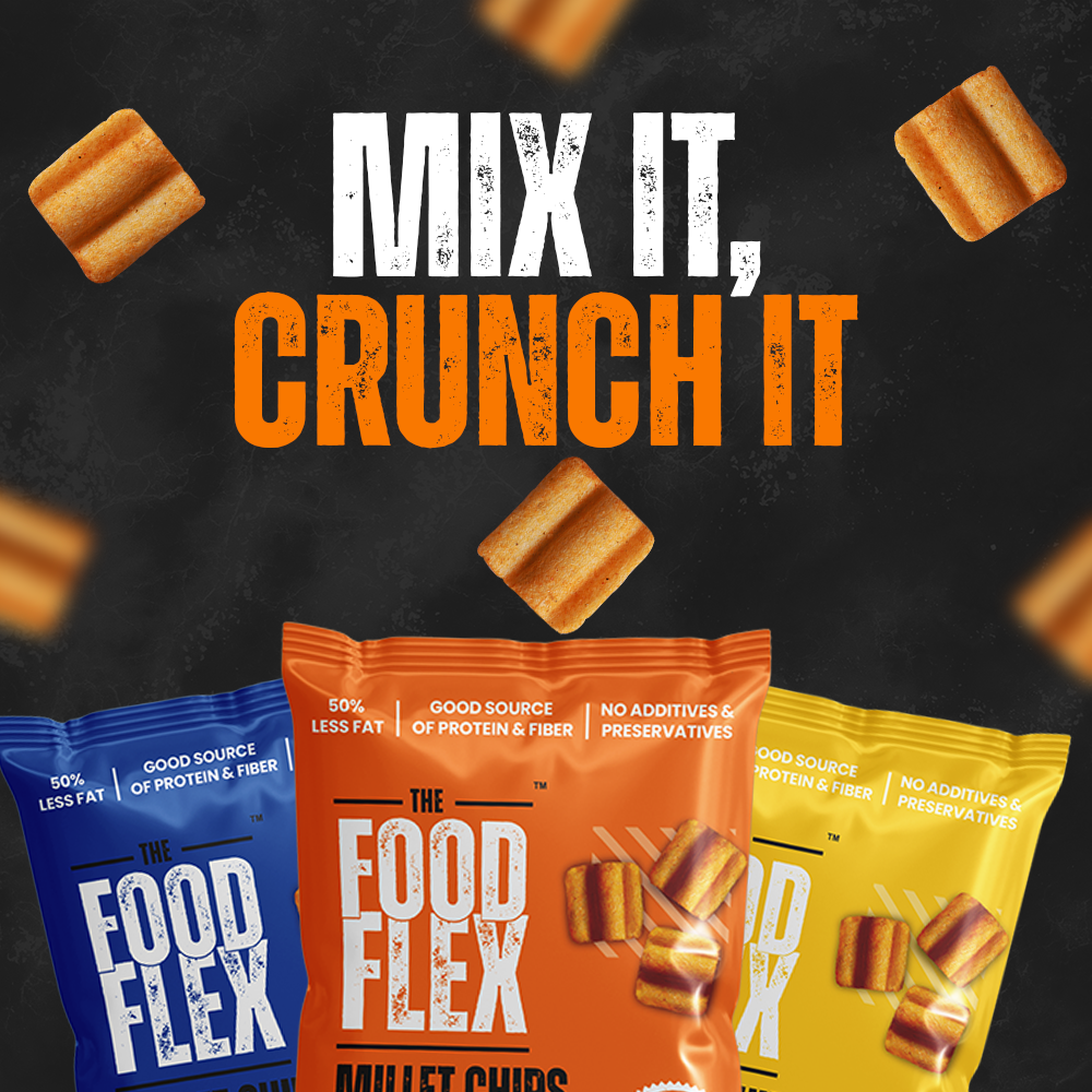 TheFoodFlex millet chips in blue, orange, and yellow bags with mix it crunch it slogan