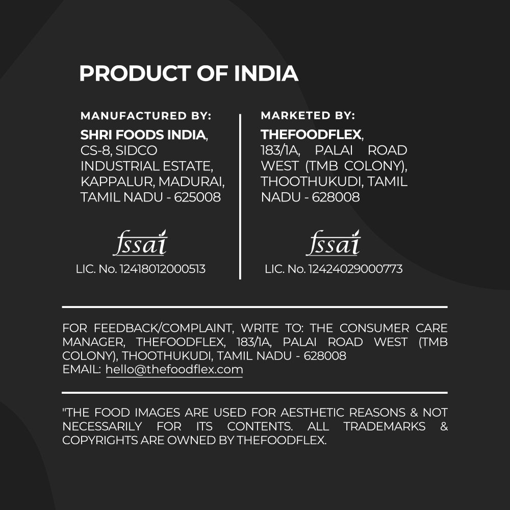 Product of India label with manufacturing and marketing details by Shri Foods India and TheFoodFlex