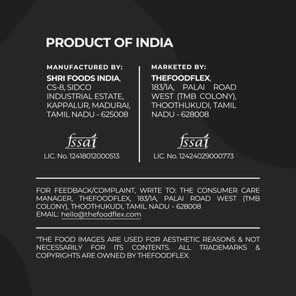Product of India label with manufacturing and marketing details by Shri Foods India and TheFoodFlex