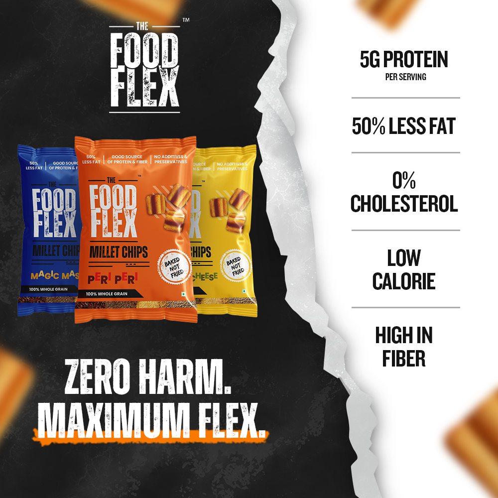TheFoodFlex millet chips in Magic Masala, Peri Peri, and Cheese flavors with high fiber and low calorie benefits
